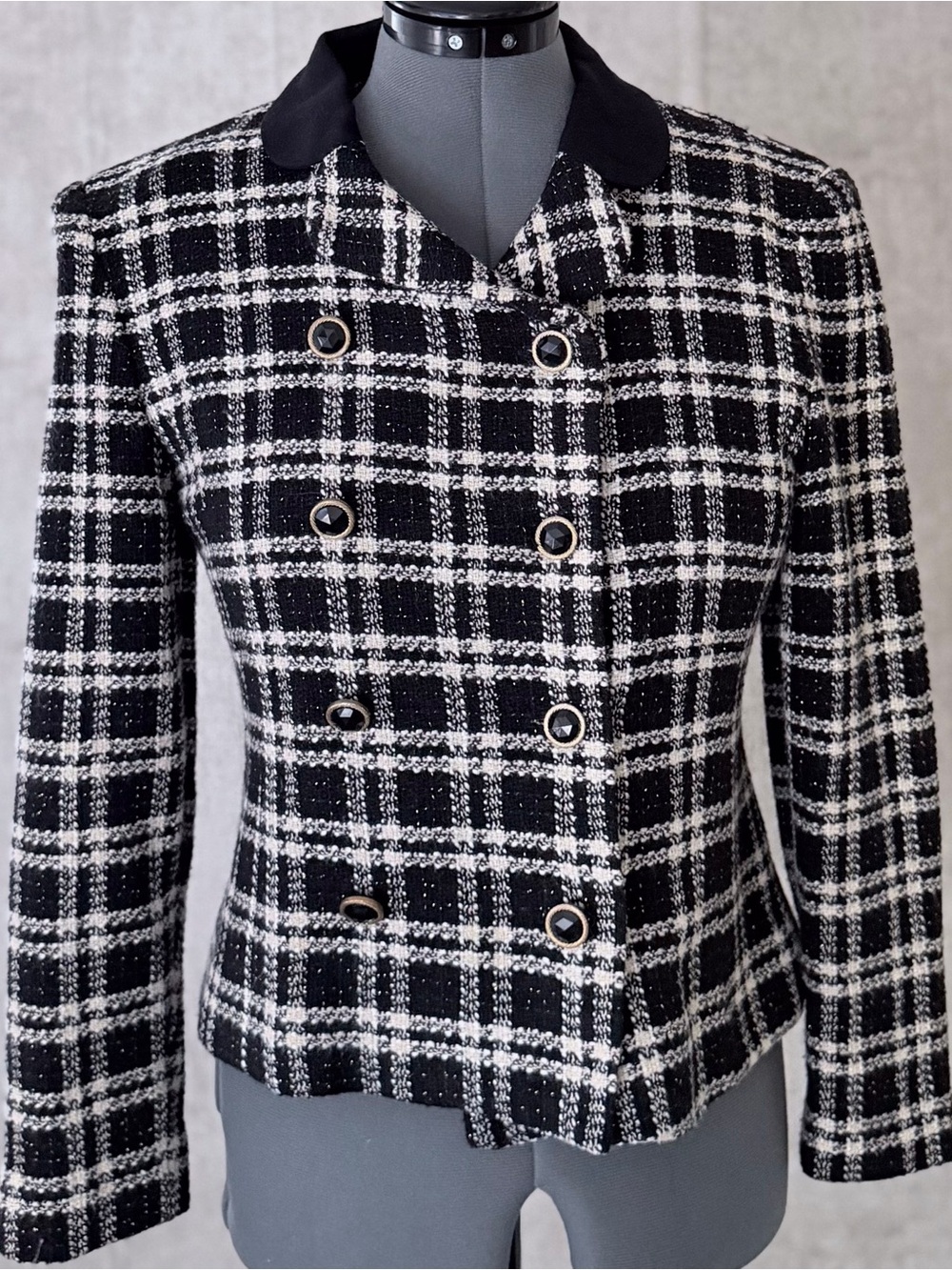 Talbots Plaid Tweed Jacket Blazer 6 Black White Double Breasted Wool Metallic